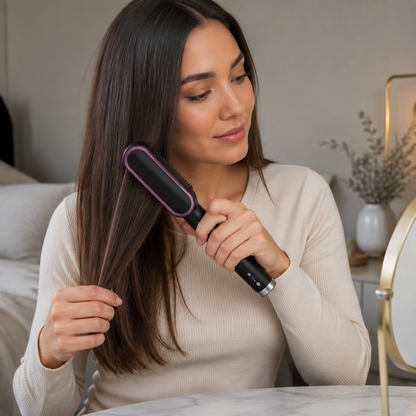 Mujer utilizando el cepillo alisador eléctrico sobre el cabello seco