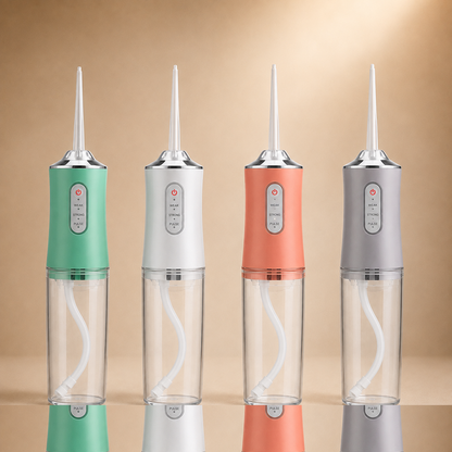 Irrigador Dental Portátil en verde, blanco, naranja y gris