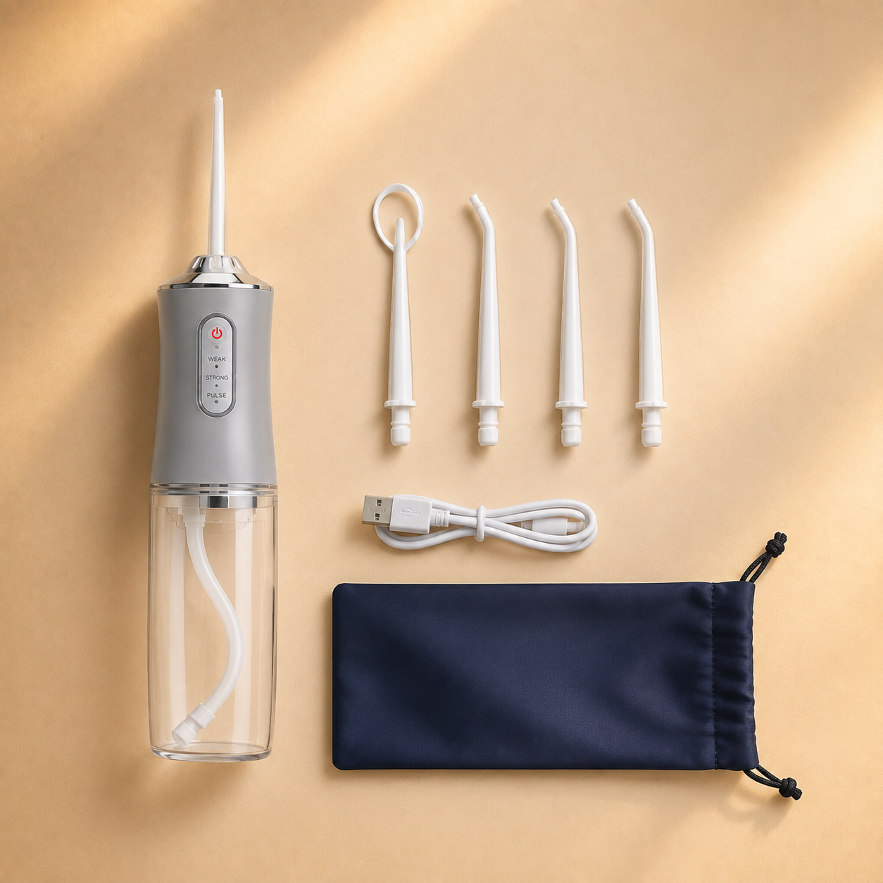Irrigador Dental Portátil con cuatro boquillas, cable USB y bolsa